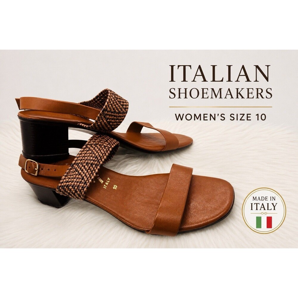 Italian Shoemakers Sandal Womens Size 10 Brown Woven Slingback Italy Block Heel